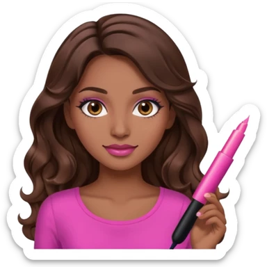 gorgeous woman, light brown skin, dark brown eyes, long wavy brown hair, pink top, clear lipgloss, mascara  sticker