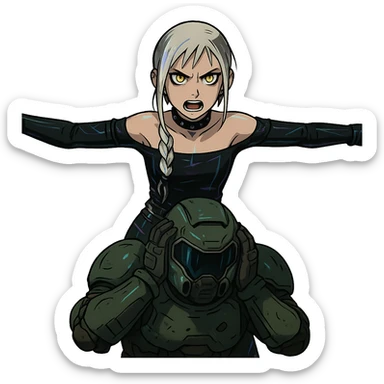  young woman with gold yellow eyes, white hair, long braid, black off-shoulder top, punk gothic style, futuristic cyberwave cyberpunk,, she is aggresively t-posing over a cowering doomguy sticker