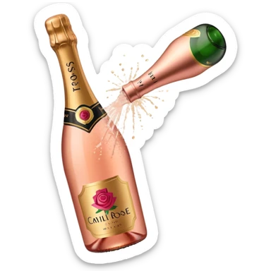 bottle of sparkling rosé champagne with a rose logo on the label, with the cork popping out from the top, tilted up and to the left, no glass sticker
