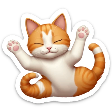 ginger and white small cat eyes closed lying down upside down with paws stretched out in different directions sticker