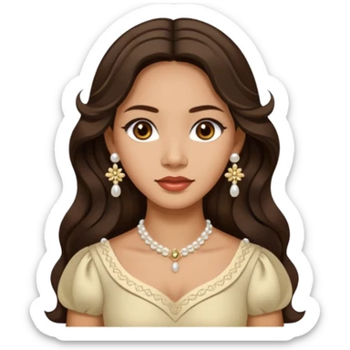 Tan Filipino woman with dark brown eyes and long dark wavy hair parted in the middle wearing a traditional filipiniana and white pearl stud earrings and no other jewelry sticker