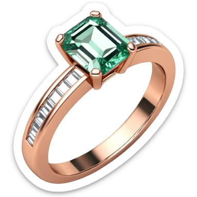 A rose gold, emerald cut diamond engagement ring. The band is a half eternity band sticker