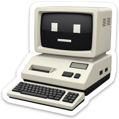 White and black 80s computer with face sticker