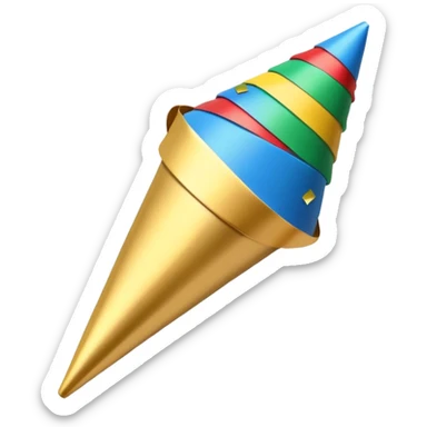 A small cone-shaped party popper tilted to the side, usually gold or yellow with diagonal stripes. It bursts open at the top, releasing colorful confetti and streamers in blue, red, yellow, or green. Represents celebrations, parties, excitement, or congratulations. sticker