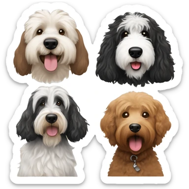 Black goldendoodle, brown golden doodle, old English sheepdog, and a black goldendoodle together  sticker