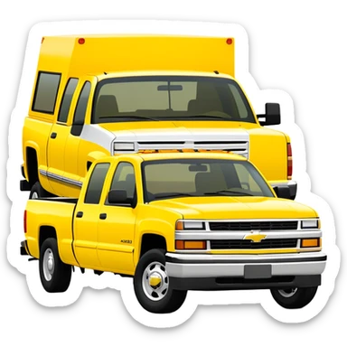 Simplified bright yellow 1997 Chevrolet C-2500 Crew Cab Silverado from Kill Bill, 30-degree angle, four-door pickup truck, minimal details, vibrant yellow color, iOS emoji style sticker