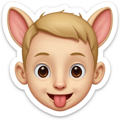 a boy with small eyes with big human ears and with his tongue out sticker