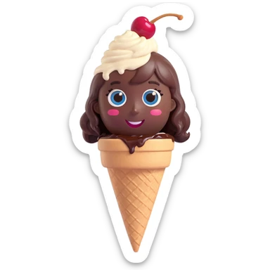 cheerful emoji-style face made from a scoop of ice cream, chocolate syrup hair, big sparkling eyes, joyful smile, cherry on top, expressing happiness and love for desserts sticker