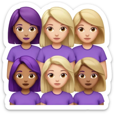women with various hair types and skin tones, purple shirt, one of each type in a group sticker