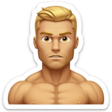 A hyper-realistic, fully golden Gigachad with reflective 24k gold skin, sharp chiseled jaw, golden stubble, blank eyes, and one raised eyebrow. He is shown from the chest up, facing front, with a shiny, muscular physique resembling the Silver Surfer in gold sticker