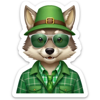 head and shoulders friendly anthropomorphised wolf in green plaid shirt and green attire for St. Patrick's Day, wearing dark sunglasses, festive pose sticker