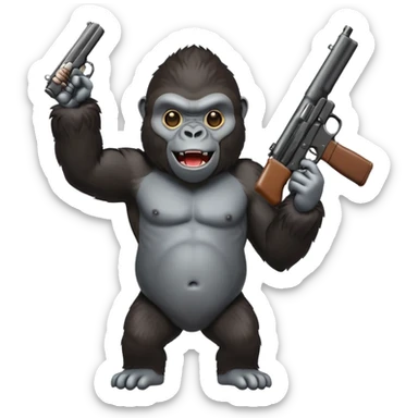 A gorilla holding a gun in the air making a silly face sticker