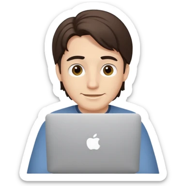 A man in his mid 20s, middle part average dude with slightly droopy eyes, happy, using a MacBook, hero for an iOS developers website sticker
