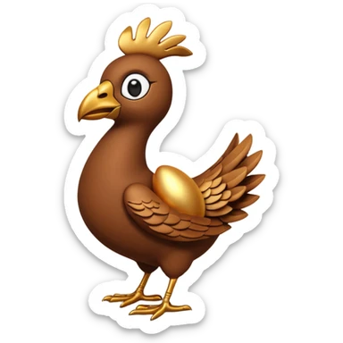 A 3D cartoon Sankofa bird with its head gracefully turned backward holding a golden egg in its beak, symbolizing learning from the past, single bird in frame, gold and brown tones, clean black background, Memoji-style rendering sticker
