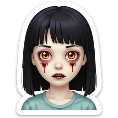 Emoji de uma garota zumbi com os cabelos longos, lisos e pretos. Ela usa uma franja curta. sticker