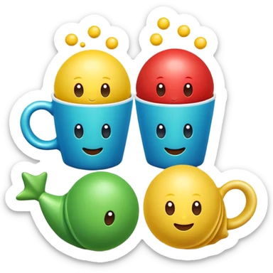 Cute 3D cartoon emoji sticker of a cup and ball shell game with three glossy plastic cups (blue, green, red) and a yellow ball, soft lighting, smooth shadows, playful, white sticker outline, transparent background, high resolution. sticker