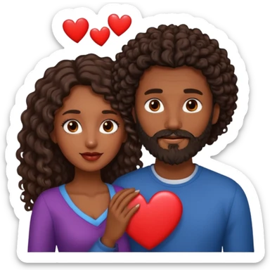 pareja de Mujer morena rizada cabello largo castaño ojos oscuros y hombre piel blanca con caballo oscuro con barba y ojos marron alrededor de la pareja corazones sticker