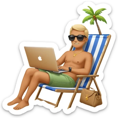 Emoji-style person relaxing on beach chair with laptop and money bag, “$20K” written in sand, sky gradient background, calm and successful tone sticker