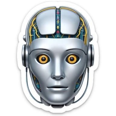 An icon featuring a humanoid robot head, neural network connections, and binary code, symbolizing artificial intelligence. The design includes a brain with circuits and machine learning algorithms, representing the study and development of intelligent systems. Transparent background  sticker