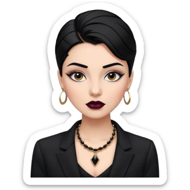 “Emoji girl, sculpted contour, bold dark lipstick, defined brows, sharp eyeliner, sleek black hair updo, statement necklace, black blazer.” sticker