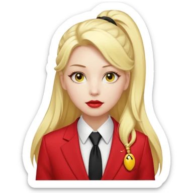 Woman with porcelain white skin, thick blonde hair that's in a thick, long ponytail, has a black nose, yellow scleras, red pupils, and a red suit with a black tie. sticker