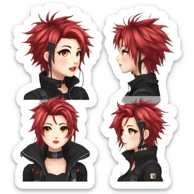 Gorgeous techwear anime style lady with blushing face aesthetic and pretty edgy black red white punk messy hair with collar and harness trending style sticker