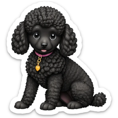 cinematic-[poodle]-realistic-full-body-sitting-emoji,-tail-resting-loosely-beside-its-paws,-head-tilted-dramatically, -curly-[black]-fur,-simplified-yet-realistic-focused-features,-highly-detailed,-glowing-with-an-almost-sarcastic-glow sticker