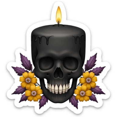 Large black candle on a skull covered in dried flowers sticker