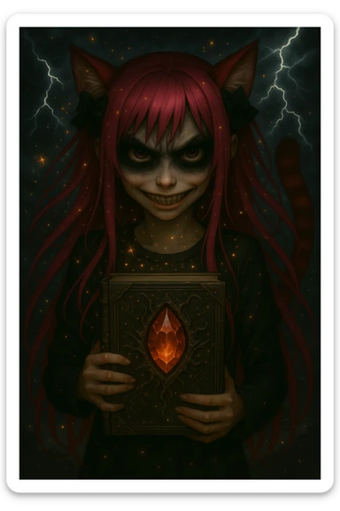 Change the magical accessory to a dark, cursed artifact such as a glowing, sinister crystal or an ancient, enchanted book. Keep the scary expression, emo style, pink hair, sparkles, and stormy background. Render in a realistic anime style. sticker