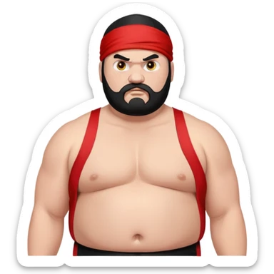Close-up of morbidly obese white skin guy with young face, prominent BLACK DURAG tied clearly on head, distinct black beard and mustache, no muscle, black eyes in a red and black wrestling singlet with angry face sticker