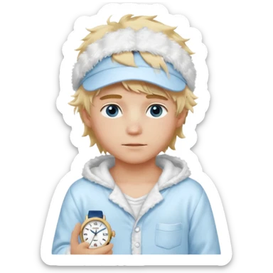 Create a look for a blond boy with long, tousled hair, light eyes, a white sweater, a wealthy appearance, blue eyes, and accessories like a Rolex or Cartier watch, and a cute face with messy hair down. blue eyes + + pajama white fluffy + cap fluffy + blush sticker