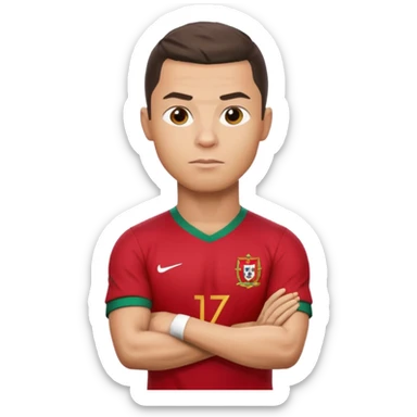 Cristiano Ronaldo as an apple-style emoji, serious face, arms crossed, Portugal jersey sticker