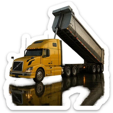 highly photorealistic Volvo yellow semi sleeper truck with a long silver end dump trailer in the raised dump position, night scene with realistic lighting and reflections, no background sticker