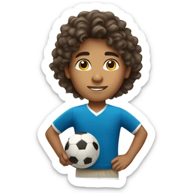 Hispanic boy with long curly hair wearing a soccer shirt sticker