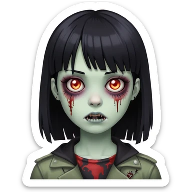 uma menina zumbi com cabelo preto e liso e uma franja. ela tem um estilo meio emo sticker
