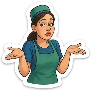 В позе этого мема сгенерируй типичную молодую российскую продавшицу в продуктовом магазине c слегка увеличенным губами, накрашенными глазами, которая недоуменно но при этом хитровато разводит руками, слегка рисованный, но при этом объемный стиль, прозрачный фон sticker