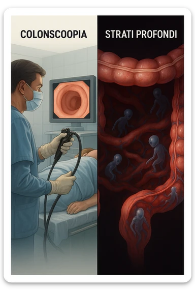 A split-screen medical illustration in cinematic style: on the left side, a doctor performing a colonoscopy on a patient in a sterile clinic, with the endoscopic camera displaying clean, healthy mucosal surfaces on a screen. On the right side, a symbolic cross-section of the same intestine — but shown in deeper layers beneath the surface, where parasitic organisms (small, translucent or shadowy figures) hide between folds and tissues not visible via standard scope. The contrast is clear: what is seen vs. what remains hidden. Lighting on the left is bright, sterile, clinical; lighting on the right is darker, with red and blue tones to suggest inflammation and invasion. Shot in hyper-realistic 3D medical style, educational but emotionally charged IN ITALIANO sticker