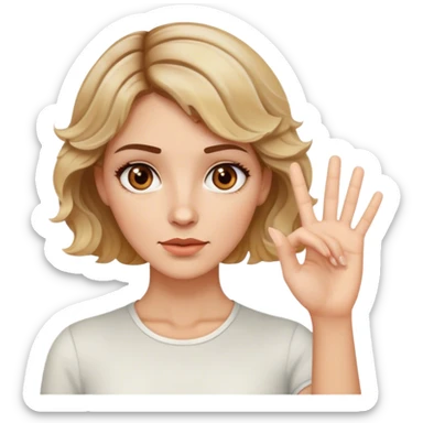 white woman, with brown eyes, brown short wavy hair with blonde highlights. Saying stop with hand gesture sticker