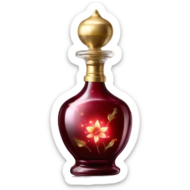 Dark red magic fairy light sparkling old Antique oil perfume bottle with herbal and flowers sticker
