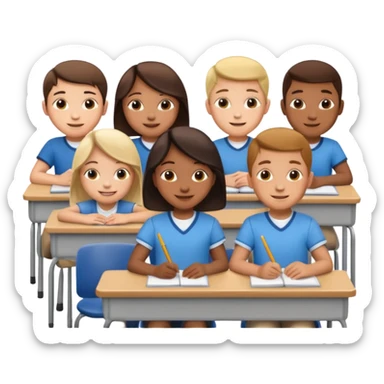 school children sitting in a row behind their school desks sticker