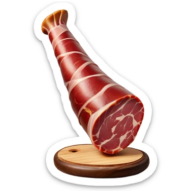 _cinematic-realistic-spanish-ham-leg,-depicted-as-a-massive,-cured-leg-of-jamón-serrano-(ham)-with-a-deep-reddish-brown-hue,-intricately-marbled-and-slightly-glossy-with-age,-elegantly-displayed-on-a-rustic-wooden-stand-and-bathed-in-warm sticker
