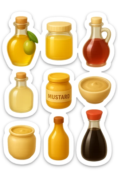 emoji stile iphone 3d di questi elementi che fluttuano in aria sparsi casualmente:

Olio extravergine d’oliva, burro chiarificato
Olio all’aglio (senza pezzetti)
Aceto di vino, aceto di riso, senape, tahin
Salsa di soia fermentata (senza aglio/cipolla)


 che fluttuano sparse casualmente in aria, iperealistico 4k sticker
