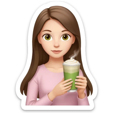 white long brunette hair girl with hazel eyes wearing light pink who is holding matcha sticker
