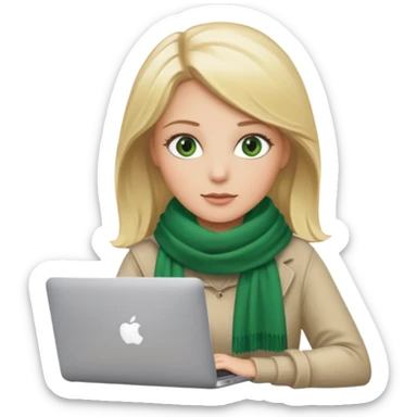 blond women skine , with green eyes and scarf . with macbook sticker