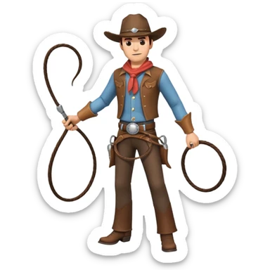 cowboy man holding a whip, dynamic pose, western outfit, adventure vibe, 3D cartoon, mobile game icon style, clean background, no text, no watermark
 sticker