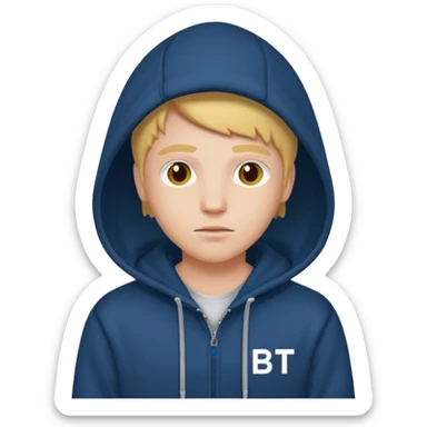 make an image of white person wearing hoodie with "BST" letters on it sticker