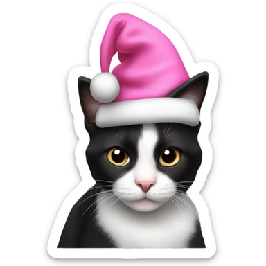 cute little black and white tuxedo cat wearing a pink and white santa claus hat sticker