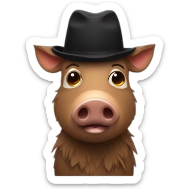 fullface wild brown boar tired of life with stubble with a black winter hat sticker