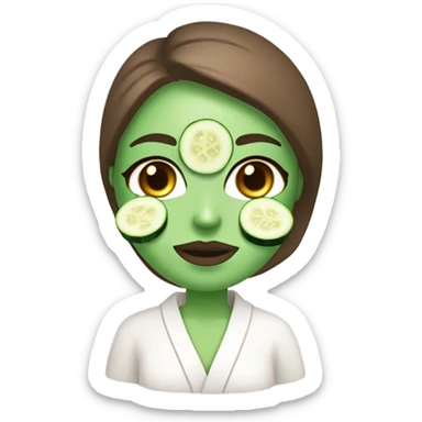 White girl with Brown hair and blue eyes wears a Green colored clay mask and puts on cucumbers around her eyes while She relaxes in her white Robe sticker