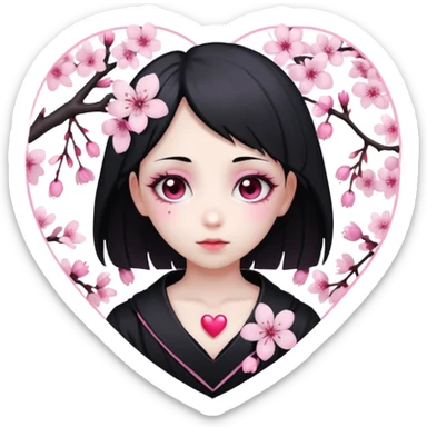 goth sakura heart, white heart with pink cherry blossom petals, cute and dramatic sticker